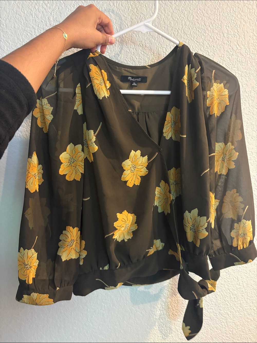 Madewell Olive Sheer Wrap Blouse with Yellow Floral Print